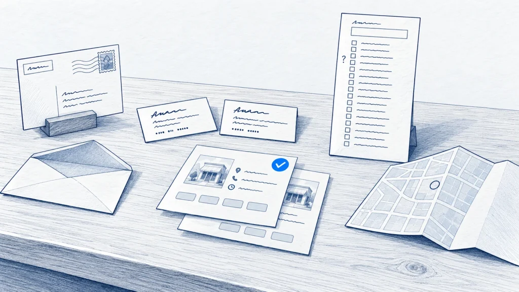 A desk with a postcard, two mismatched business cards, two overlapping listings, a long category form, and a map.