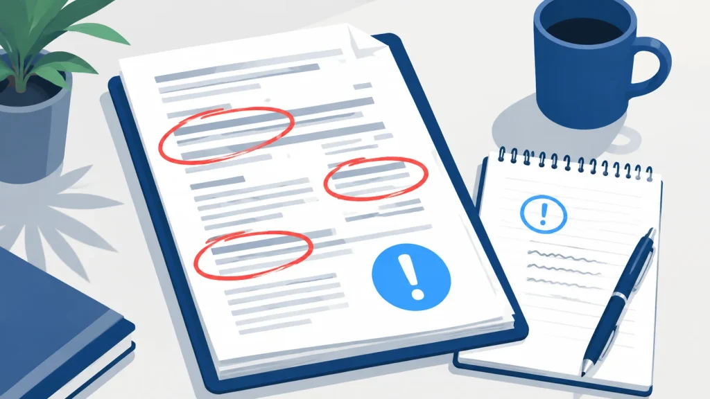 A printed document with three sections circled in red and a warning mark beside them. 
