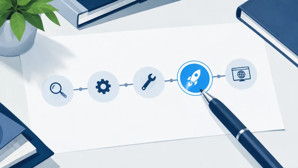 Five icons connected in sequence on a sheet of paper beside a pen.