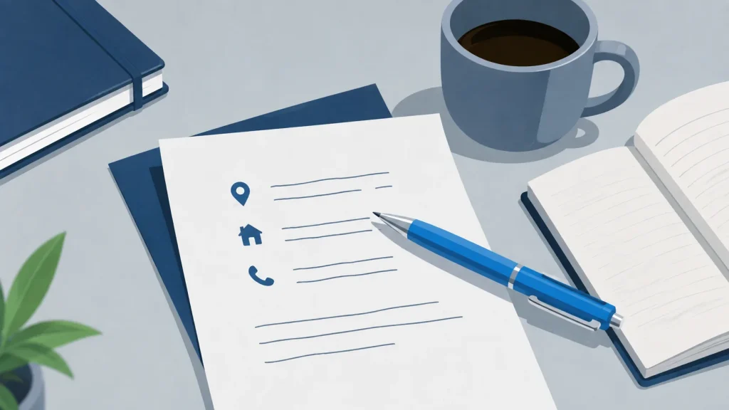 A printed sheet with location, home and phone icons beside handwritten lines, a pen resting on it.