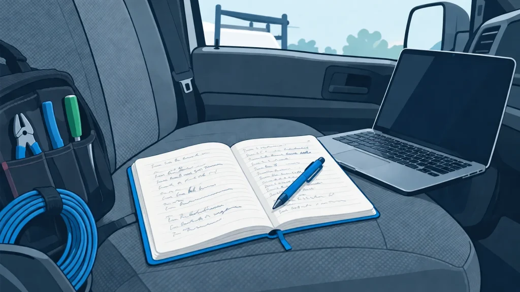 Small business owner’s workspace showing notes and tools used for directory evaluation and listing management