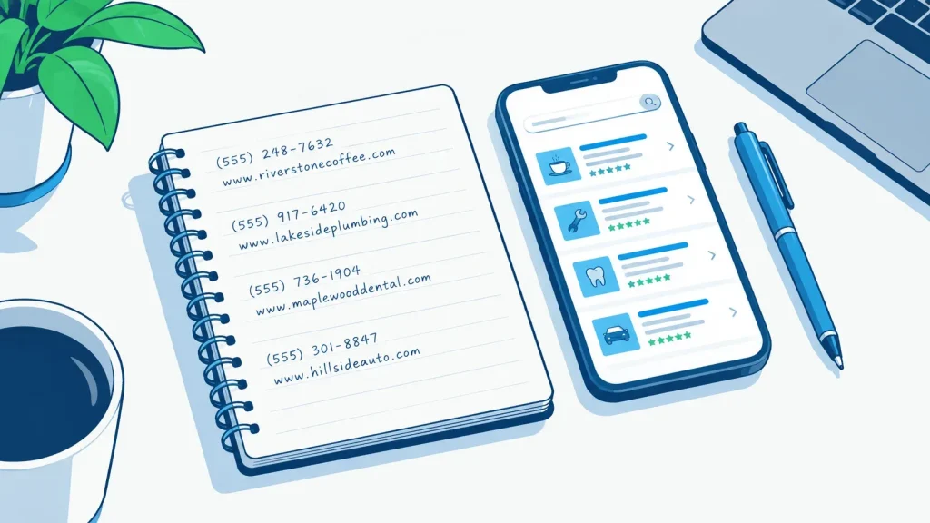 Business owner’s working notes with old phone number, new phone number, and directory URLs listed for tracking