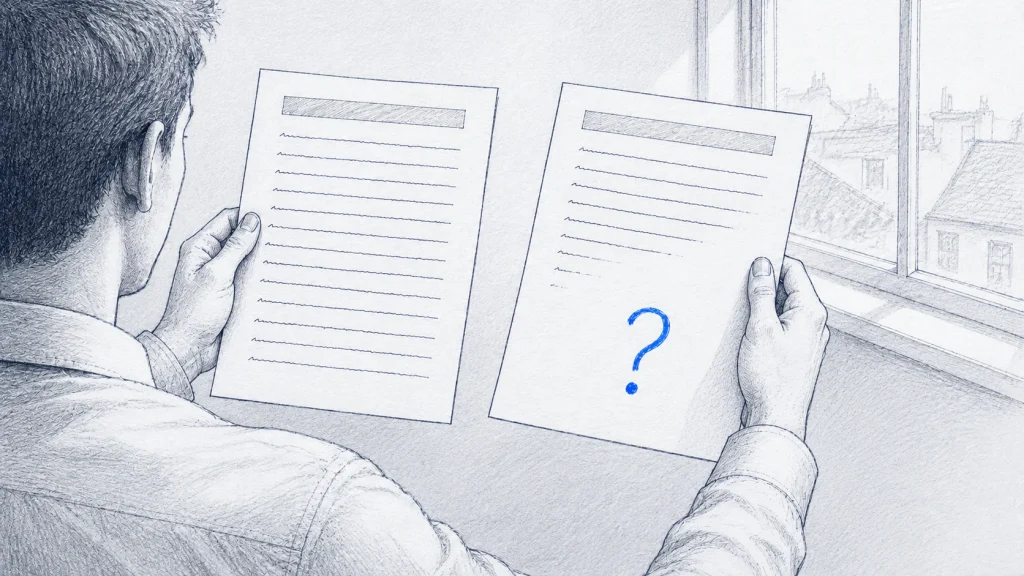 Someone comparing two reports, one complete and one trailing off into blank space.