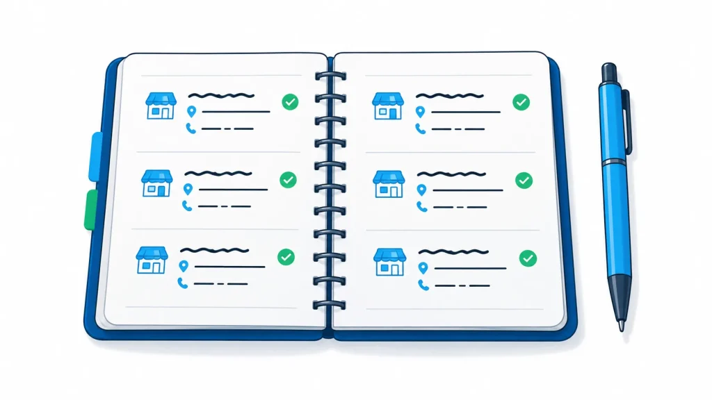 Handwritten notes with a business name, address and phone number written the same way each time.