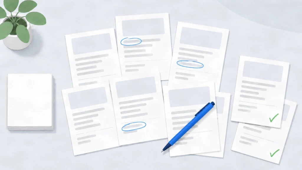 Printed business listings spread across a desk, some circled in blue and two ticked in green.