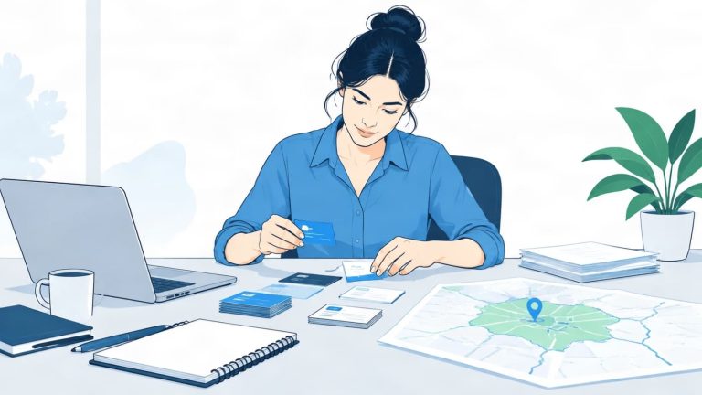 Business owner organizing documents and business details for local directory listings