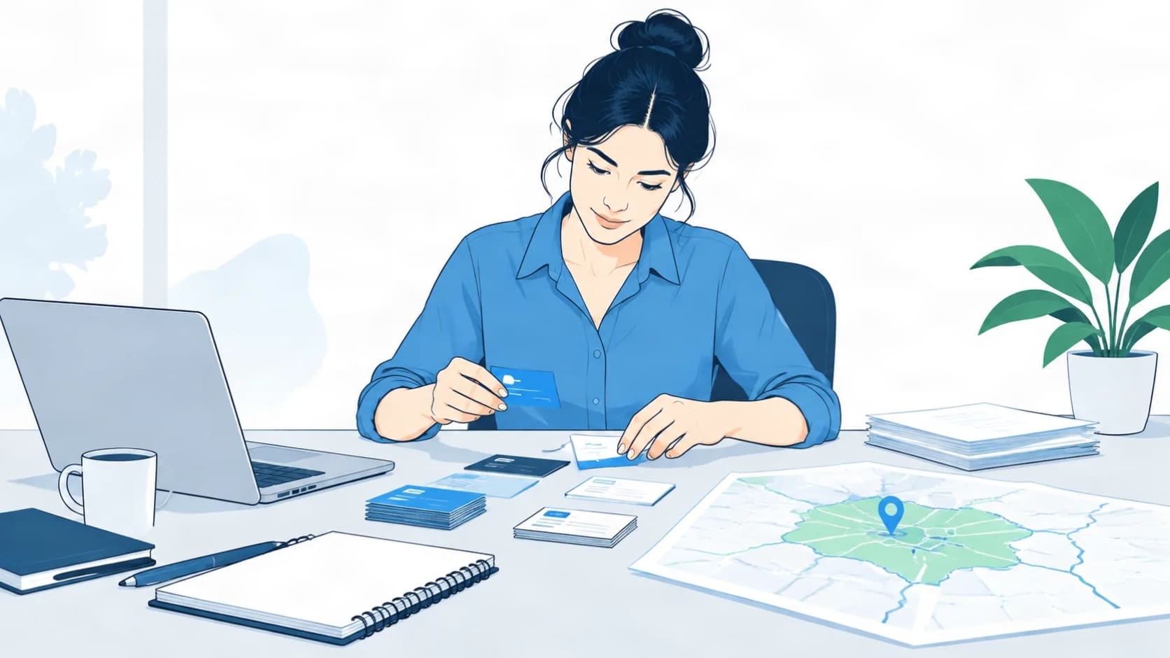 Business owner organizing documents and business details for local directory listings