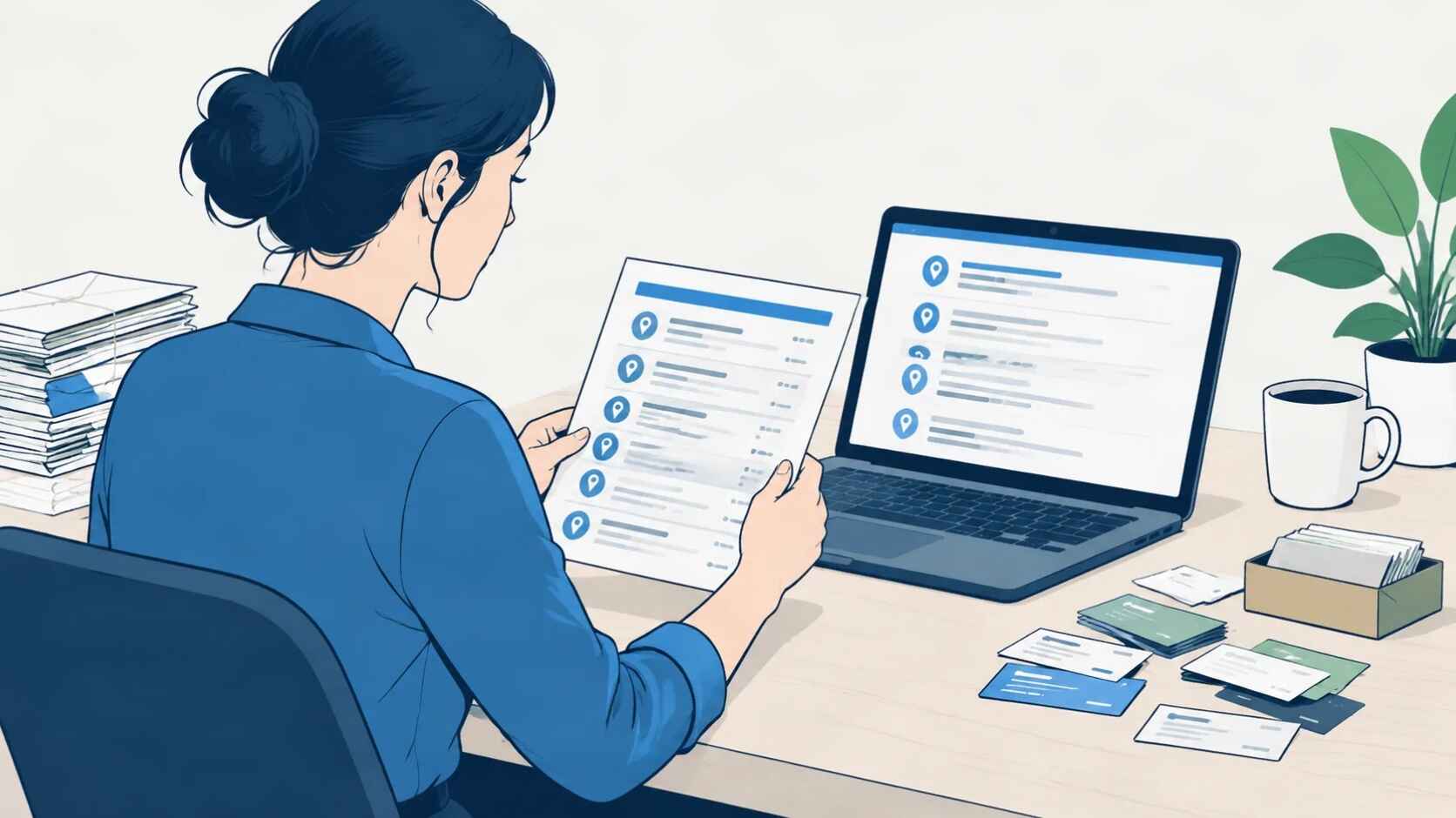 Business owner reviewing local citation audit with printed and digital records on desk