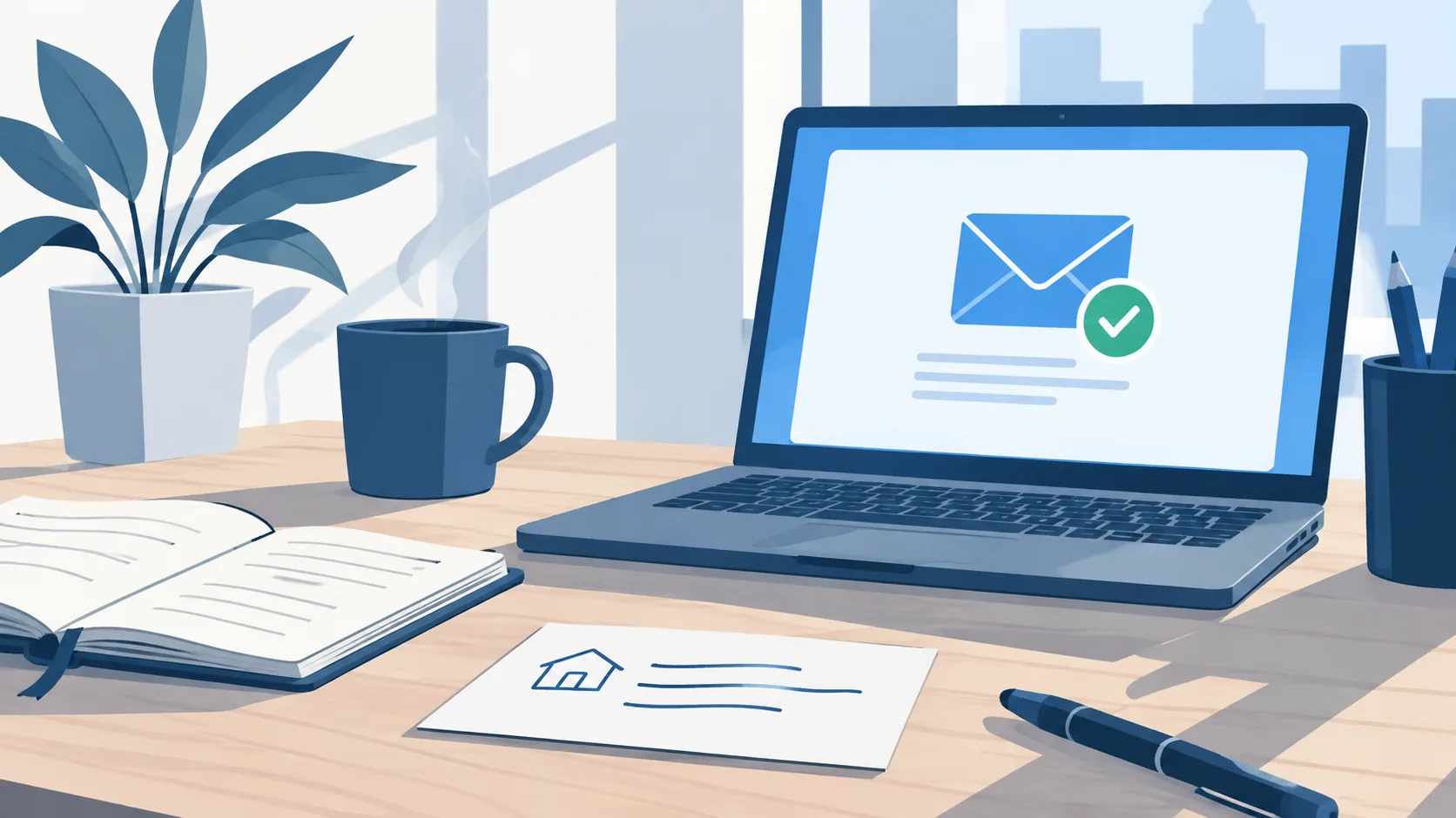 Workspace with notebook, address card, and computer login screen for directory updates