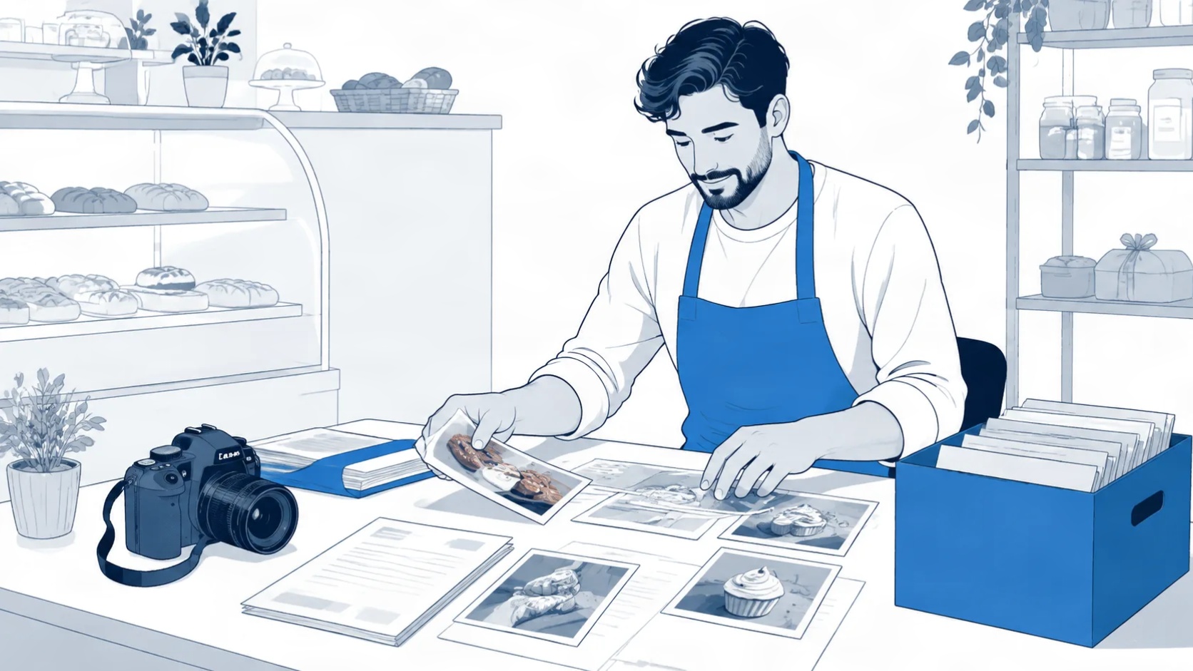 Small business owner gathering documents, photos, and credentials at a desk to prepare for Google Business Profile