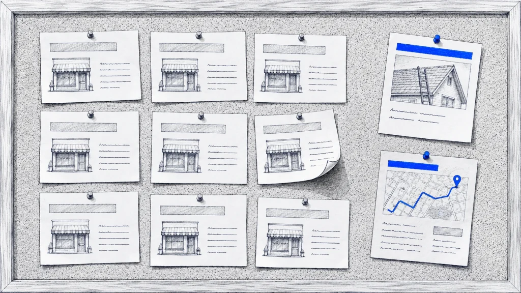 A pinboard of nine identical printed pages beside two different ones.