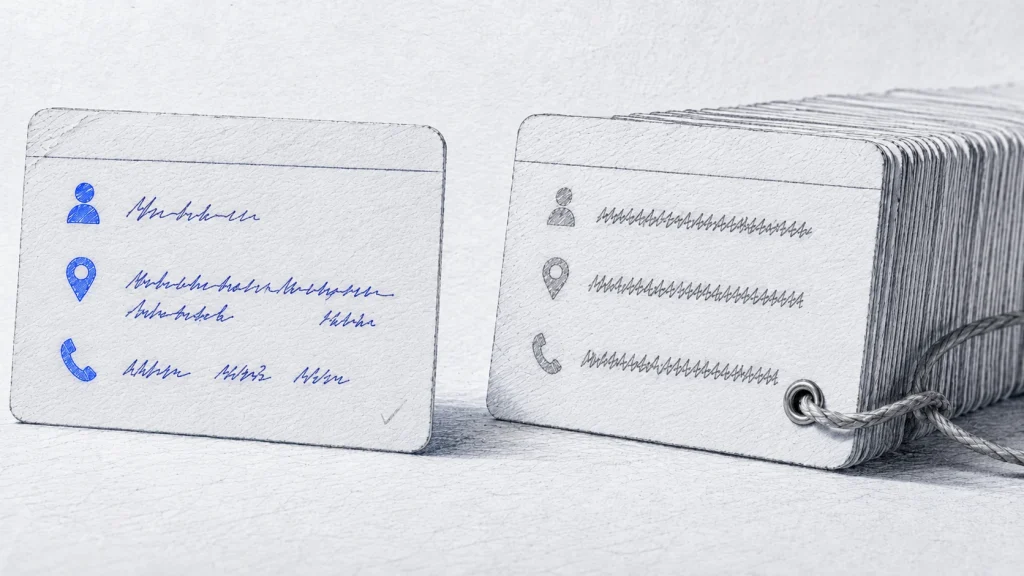 A single filled-in index card beside a bundle of identical cards threaded on a cord.
