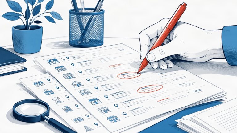 A specialist reviewing printed business directory listings and marking NAP inconsistencies with a red pen on a desk.