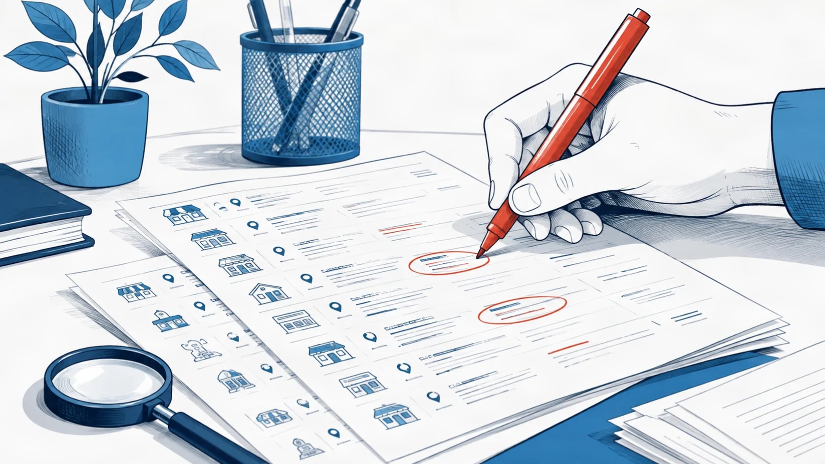 A specialist reviewing printed business directory listings and marking NAP inconsistencies with a red pen on a desk.