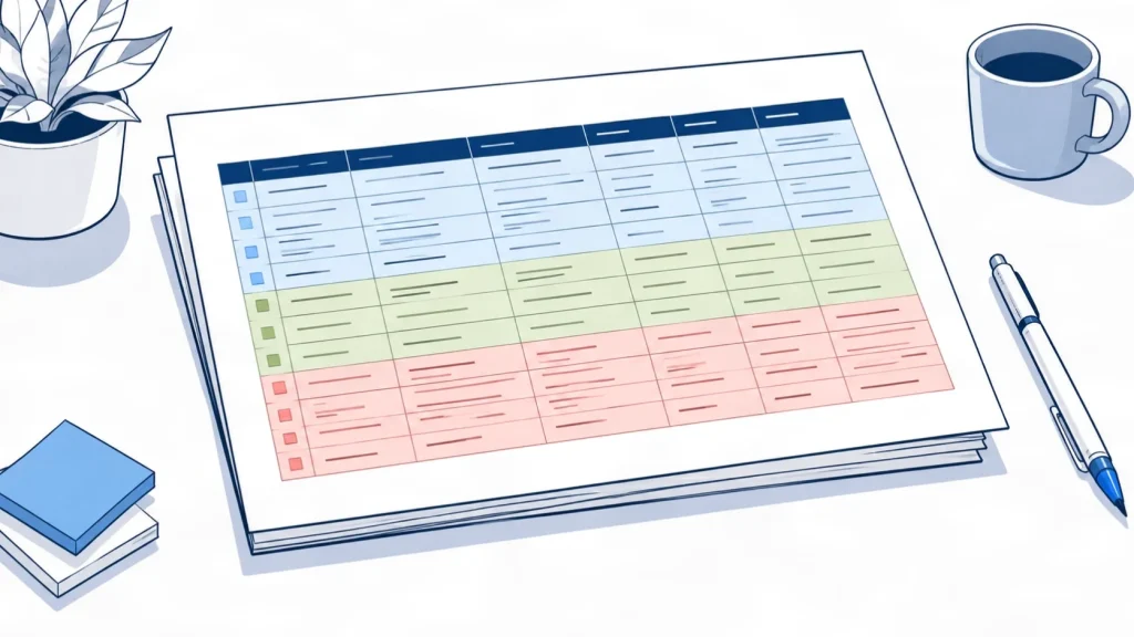 Printed audit report spreadsheet with rows color-coded by error type: duplicates, wrong fields, and unclaimed listings