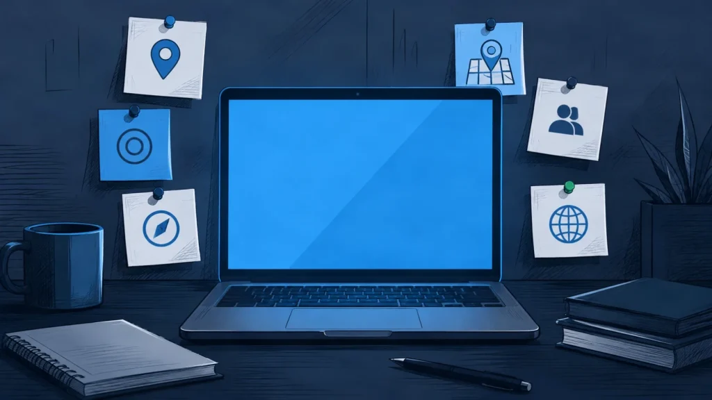 A laptop screen ringed with sticky notes, each naming a local listing platform.