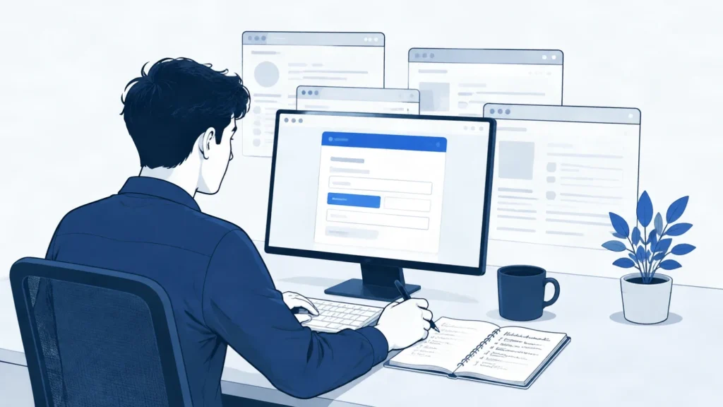 Person at desk completing directory submissions one at a time for manual citation building
