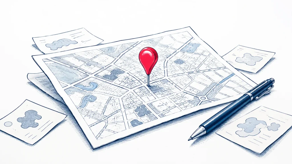A printed map with a location pin marking an address.