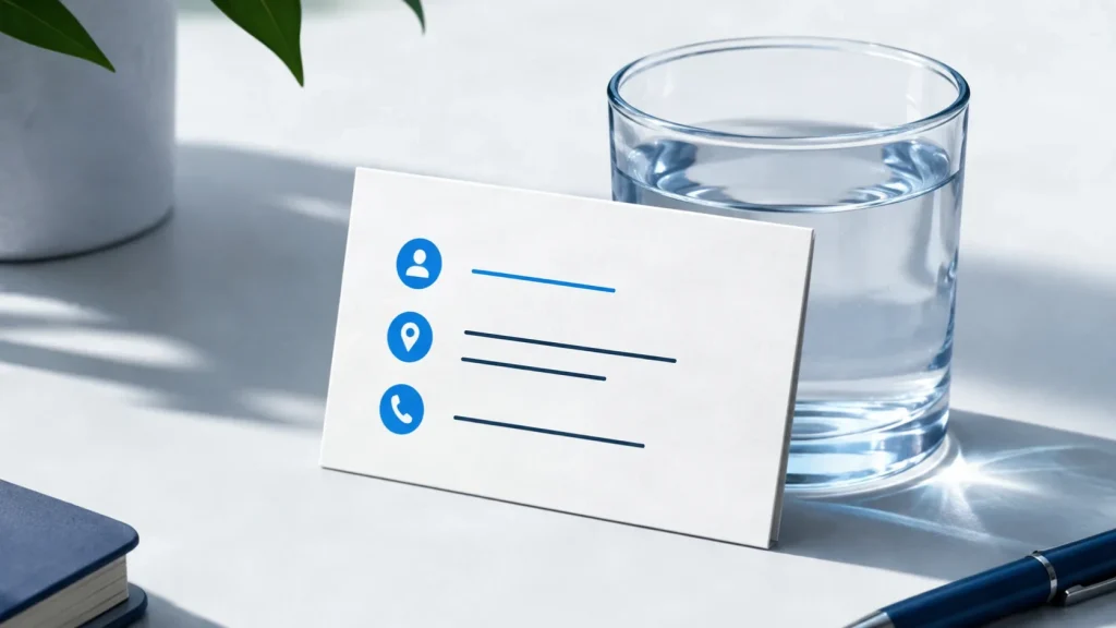 A business card on a desk, printed with a business name, address and phone number.