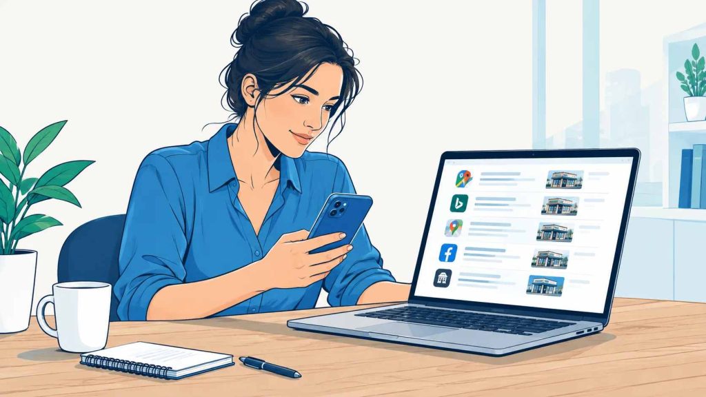 Small business owner comparing local business listings across Google Maps and other platforms on desktop and mobile devices