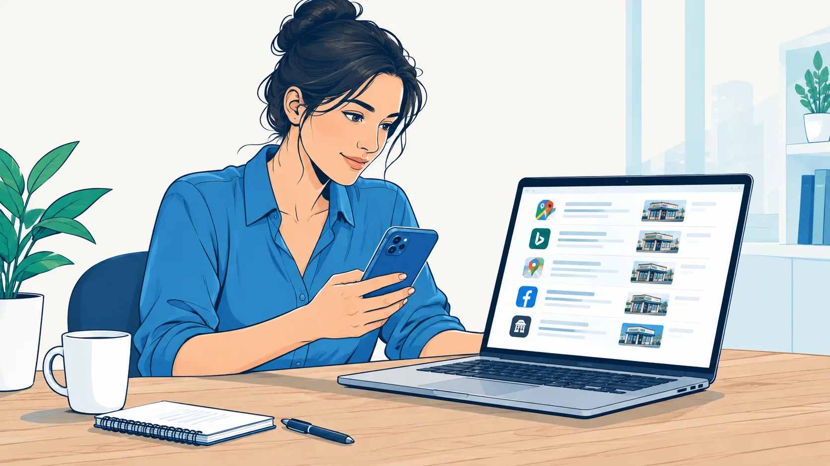 Small business owner comparing local business listings across Google Maps and other platforms on desktop and mobile devices