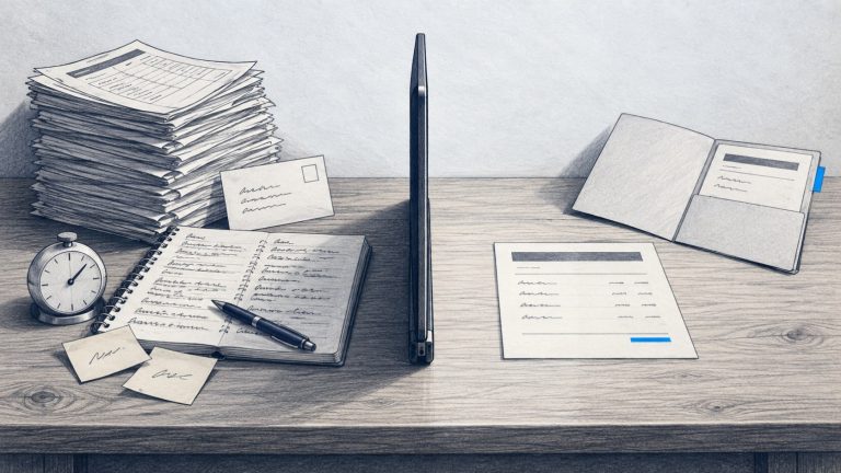 A desk divided by a laptop, a stack of directory pages and a timer on one side, one invoice and a folder on the other.