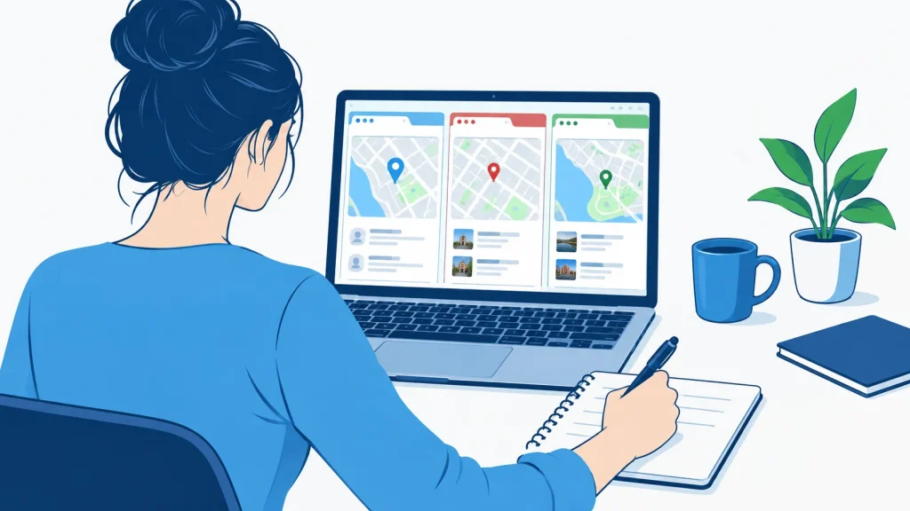 Business owner checking local listings on Google Maps, Yelp, and Apple Maps with self-audit checklist