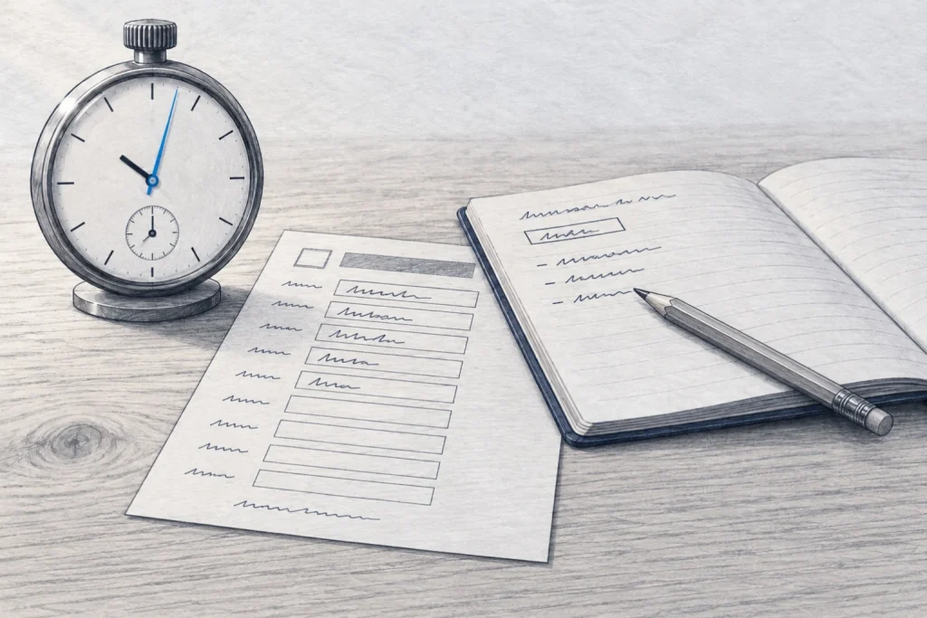 A stopwatch beside a half-filled directory form and a notebook with a figure written in a box.