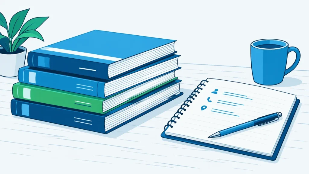 Business name, address, and phone number written in notebook next to local business directories