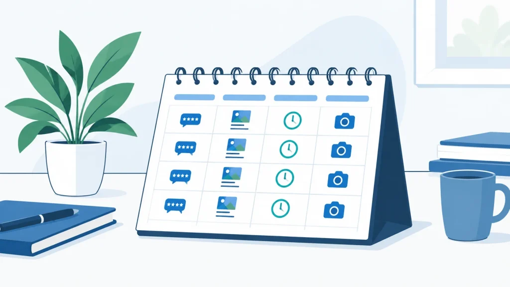 Desktop calendar showing weekly local SEO tasks: review responses, Google Business Profile posts, photo updates