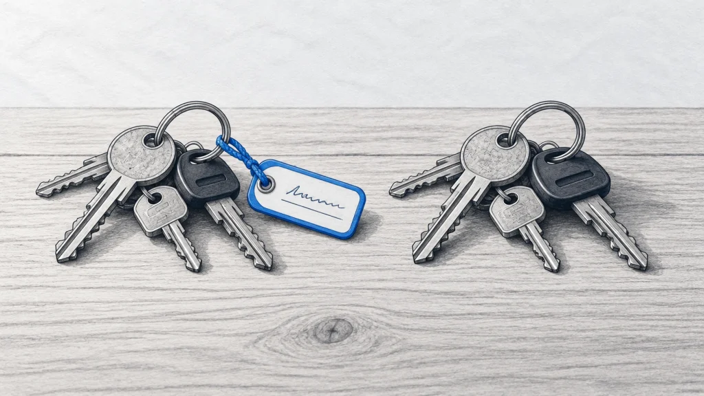 Two identical rings of keys side by side, one with a labeled tag attached and one without.